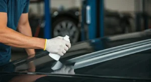 Applying scratch remover to car