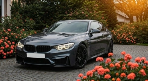 Shiny car in sunny driveway